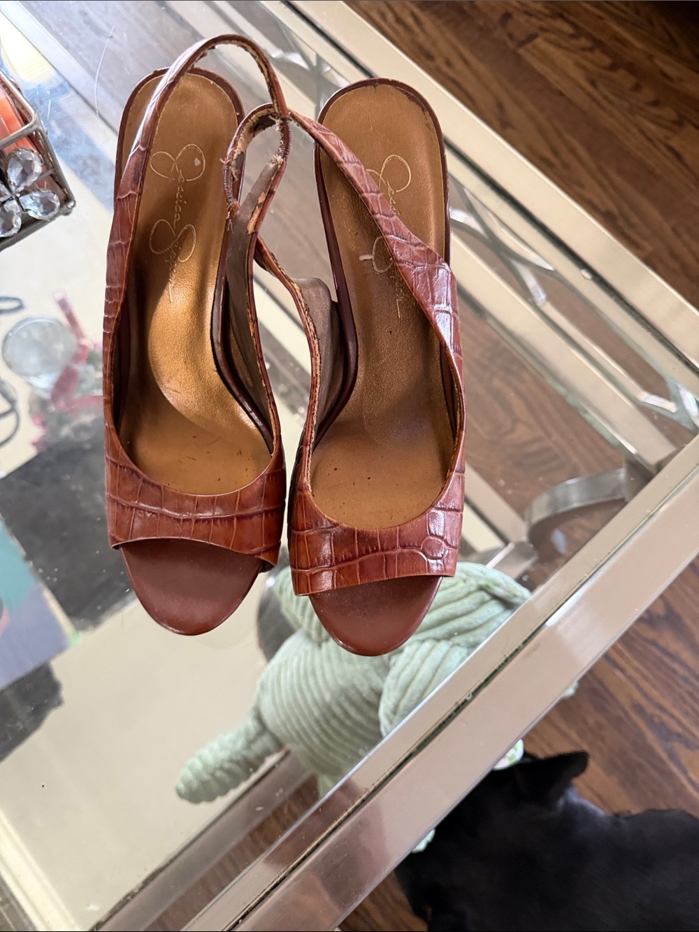 Jessica Simpson Women's Brown Croc-Embossed Slingback Peep-Toe Heels